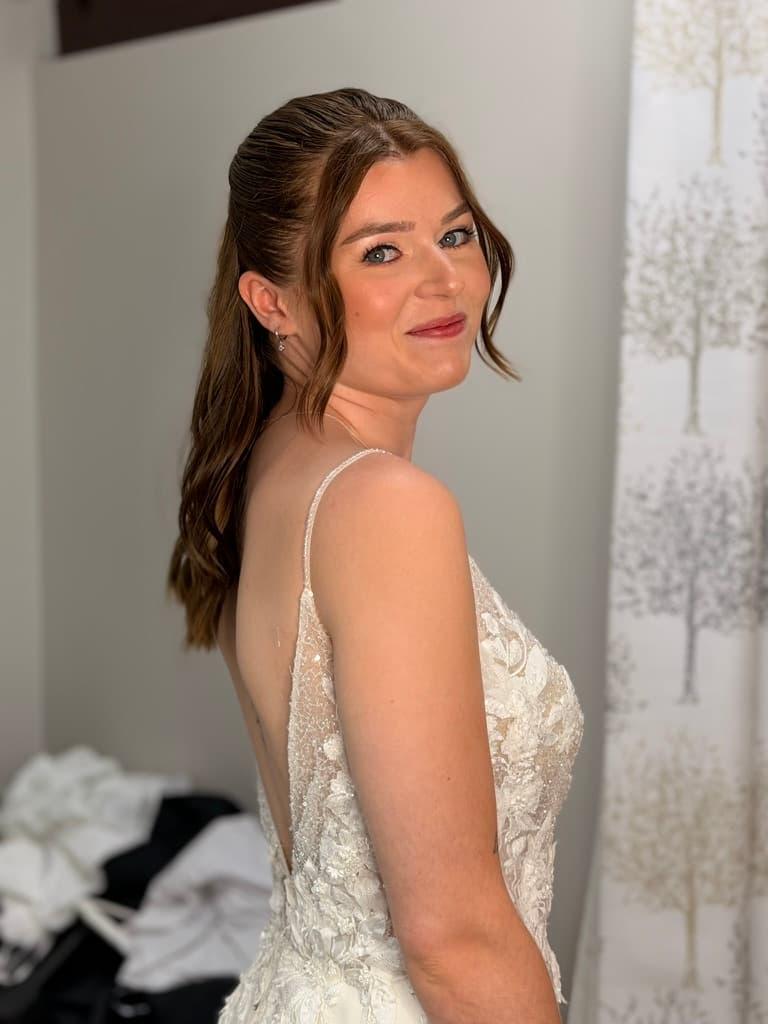Close-up of bridal makeup look by Crissie Bond