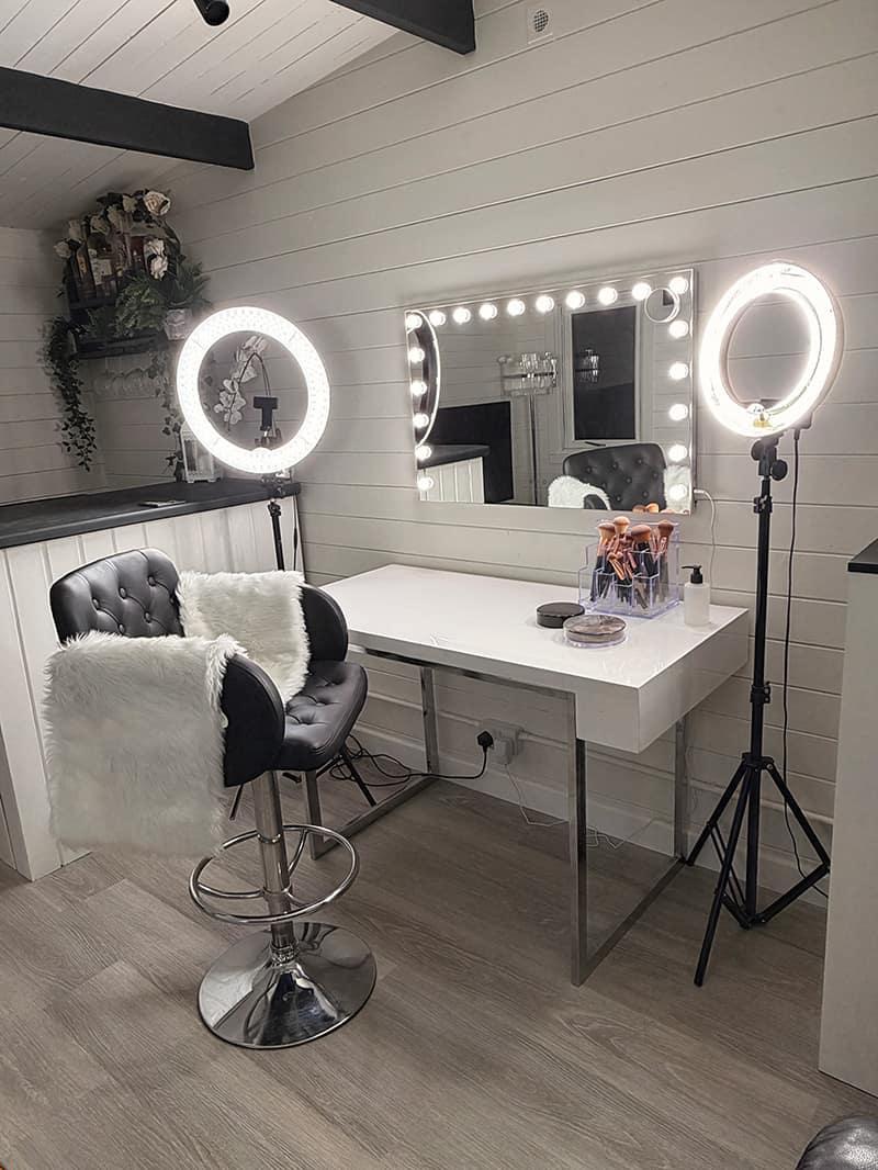Makeup chair and Hollywood mirror with ring lights at CB Studio, Chandlers Ford