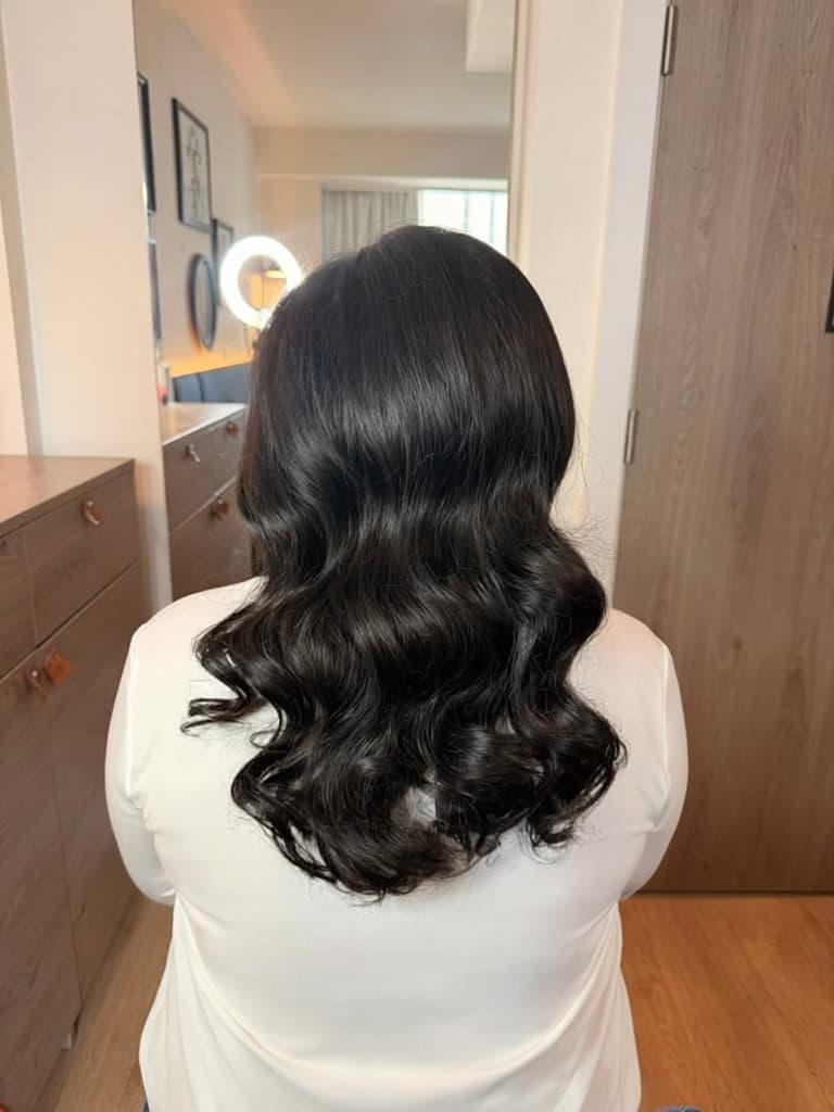 Glossy bouncy blow dry hair finish for wedding morning Hampshire