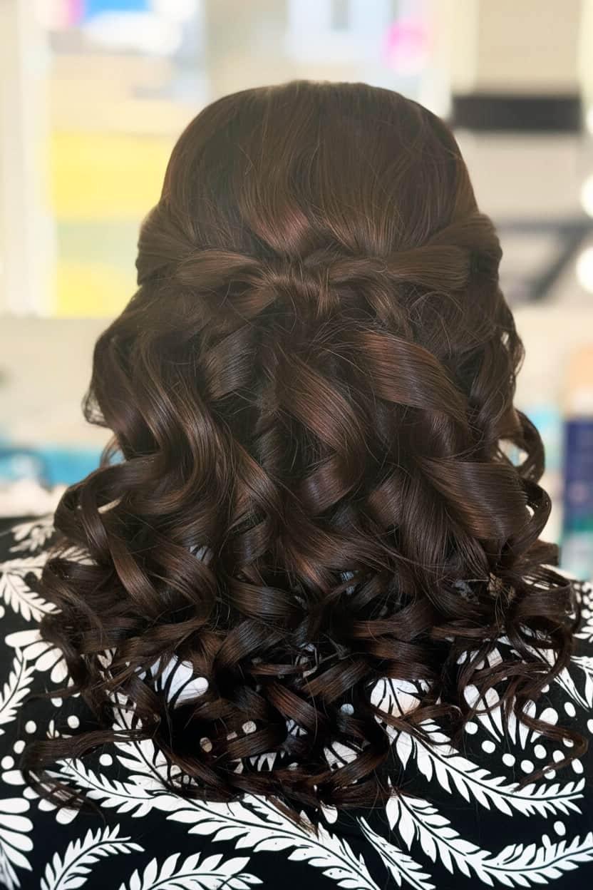 Half-up bridal hair with voluminous brunette curls in Hampshire