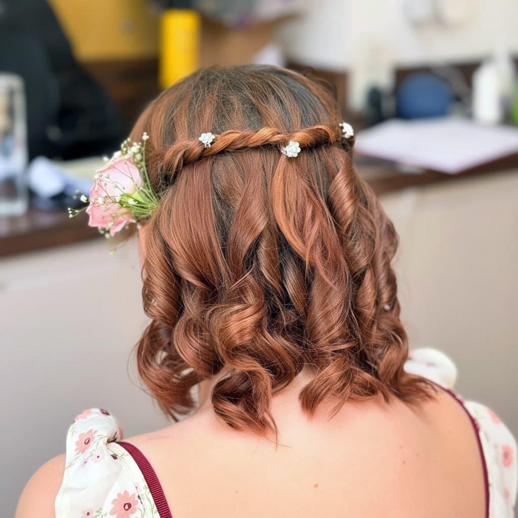 Half-up wedding hair with braided crown and fresh flowers